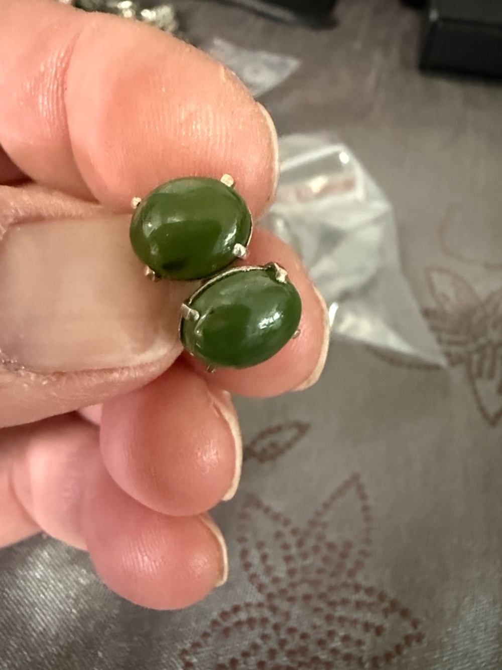 Green Oval Jade & Sterling Stud Earrings